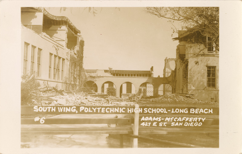 Polytechnic High School, Long Beach after earthquake. Building is partially destroyed.