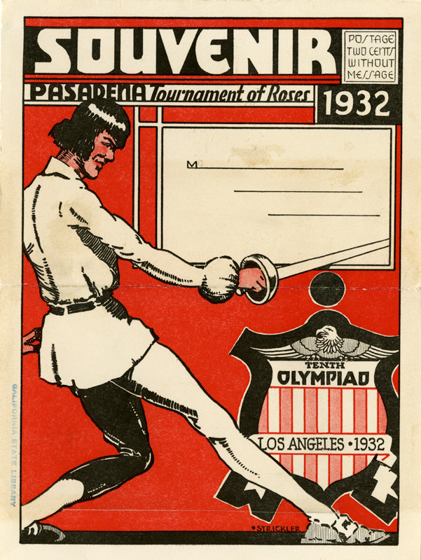 Souvenir of the 1932 Tournament of Roses postcard with cartoon swordsman.