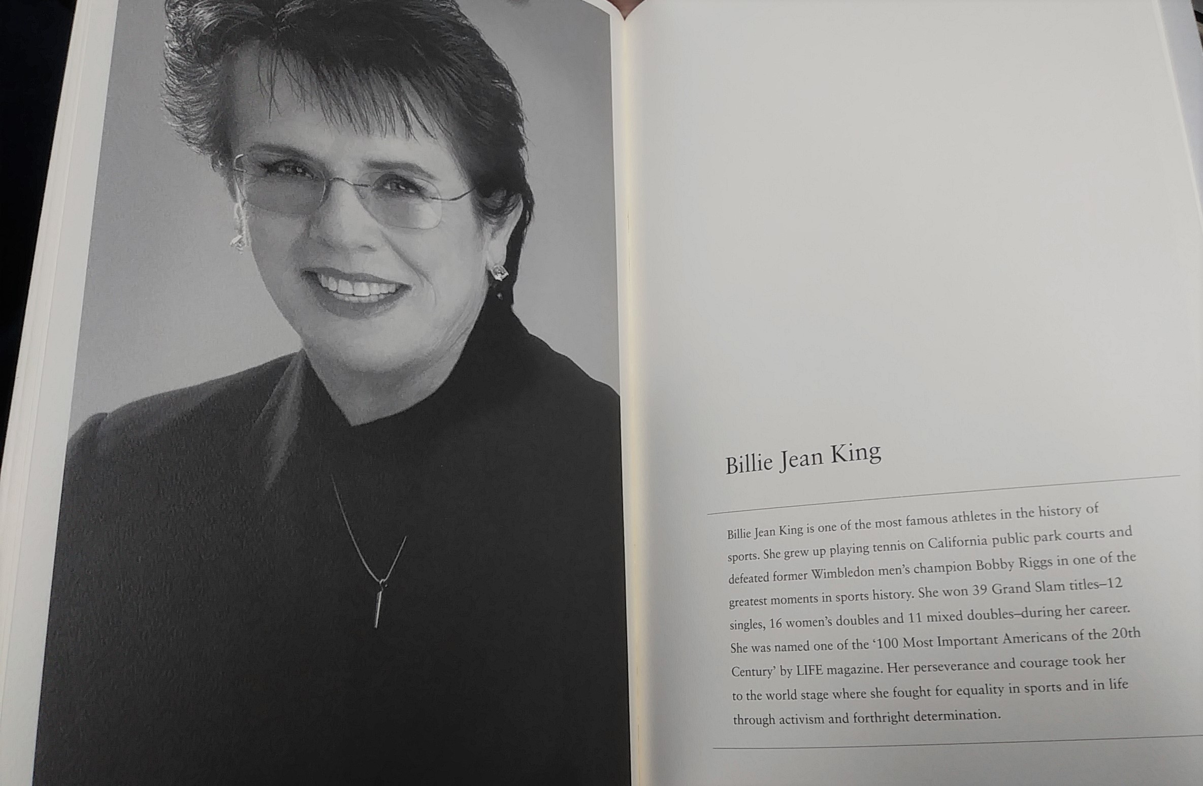 Billie Jean King's photo and biography in the Program for the inaugural California Hall of Fame Induction