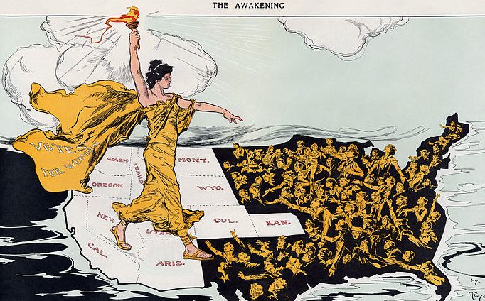 Illustration shows a torch-bearing female labeled "Votes for Women", symbolizing the awakening of the nation's women to the desire for suffrage, striding across the western states, where women already had the right to vote, toward the east where women are reaching out to her. Printed below the cartoon is a poem by Alice Duer Miller.