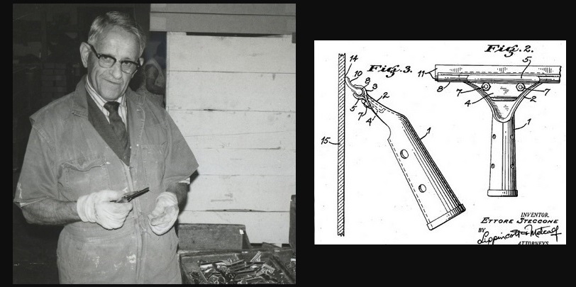 Older man in coveralls over suit and tie. Also line drawing of squeegee showing rivet positions.With text: Inventor Ettore Steccone by Lippincott and Metcalf, attorneys.