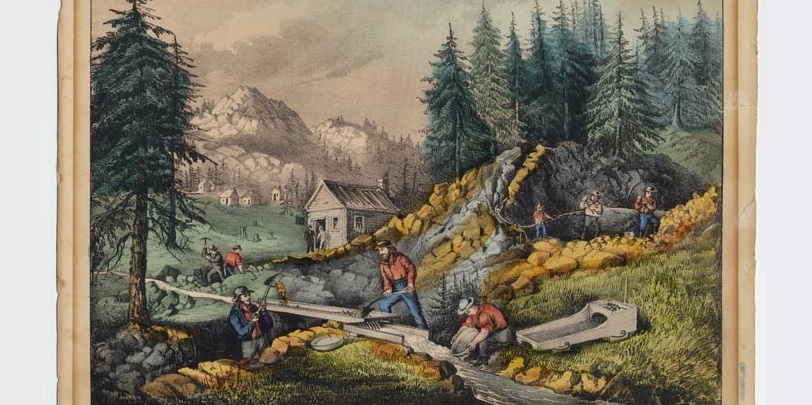 Painted scene of miners with shovels and pan and sluice by a stream mining for gold. Mountains and pine trees in background.