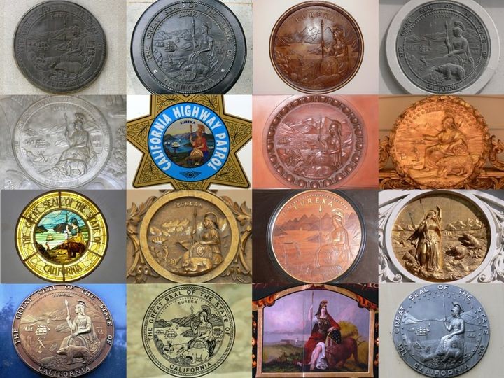 Photos of various versions of the California State Seal