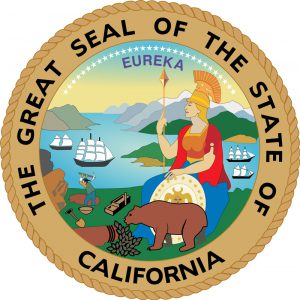 State Seal with Minerva gazing out to a bay with sailing ships. At her feet, a grizzly bear eats leaves. A miner with pickaxe in background.