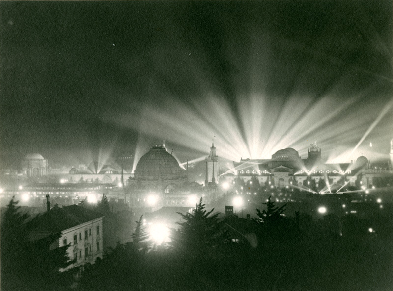 Bright streams of light in the night sky illuminate the city of San Francisco.