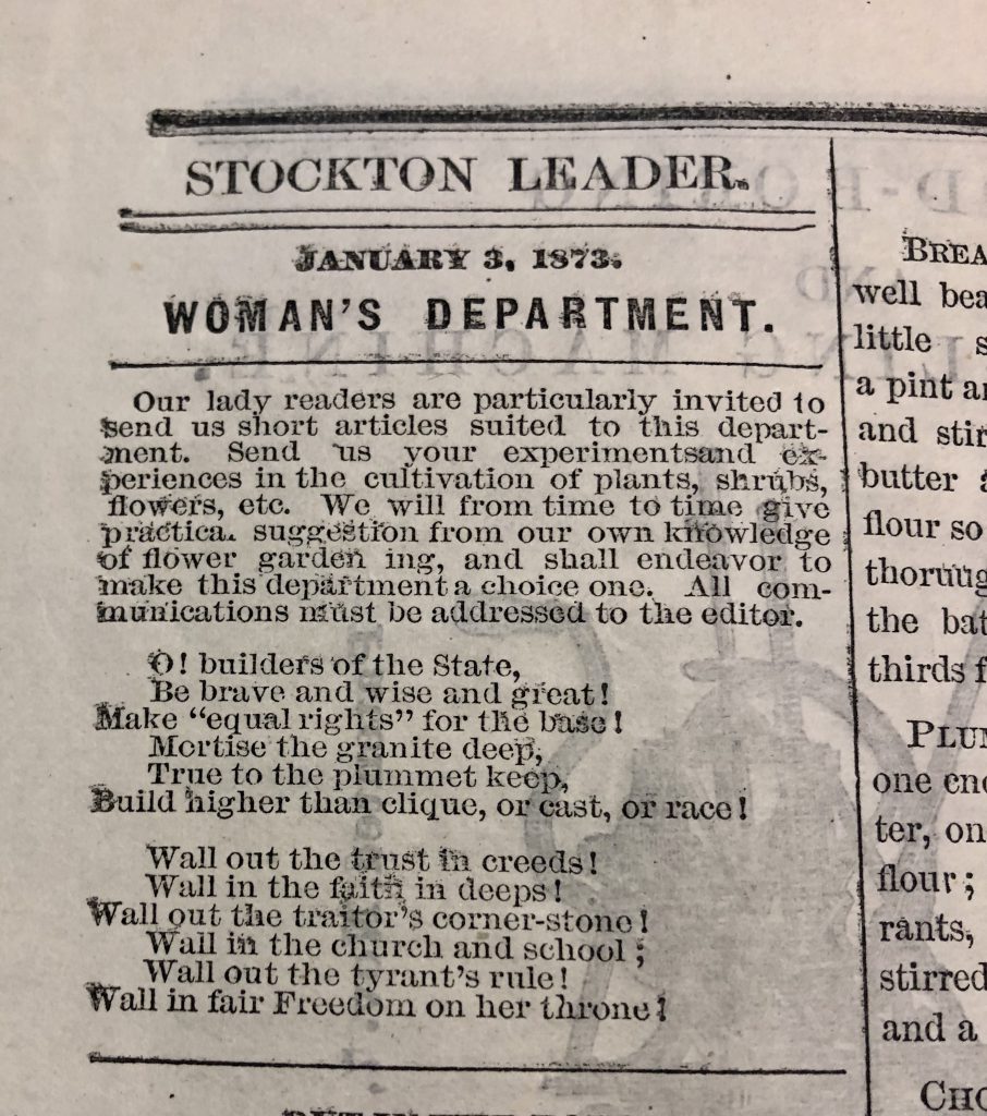 "Woman's Department" column in the Stockton Leader newspaper for January 3, 1873. From the California State Library Collection.