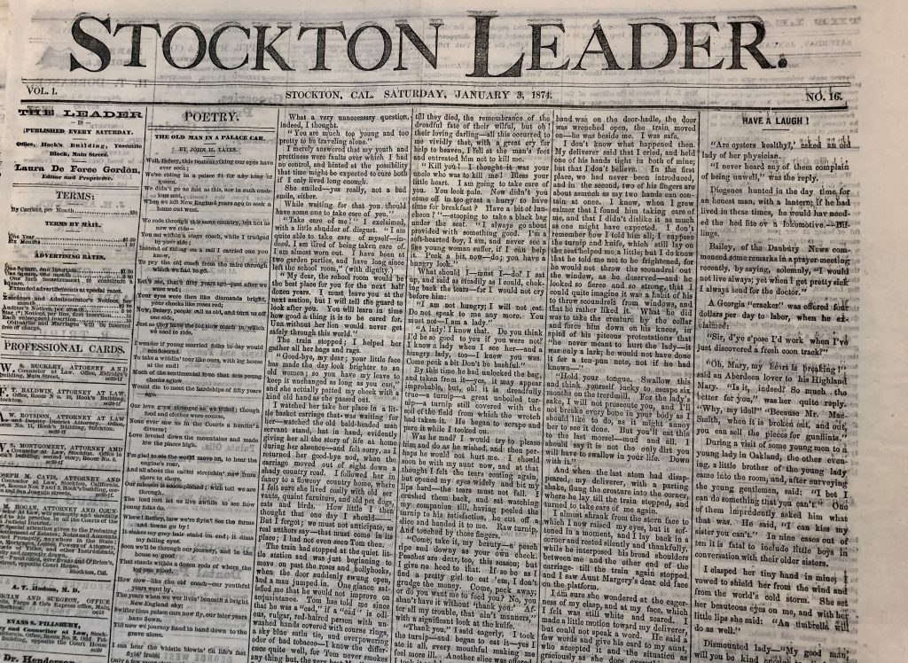 The January 3, 1874 edition of the Stockton Leader newspaper identifying Laura De Force Gordon as the Editor and Proprietor. From the California State Library Collection.