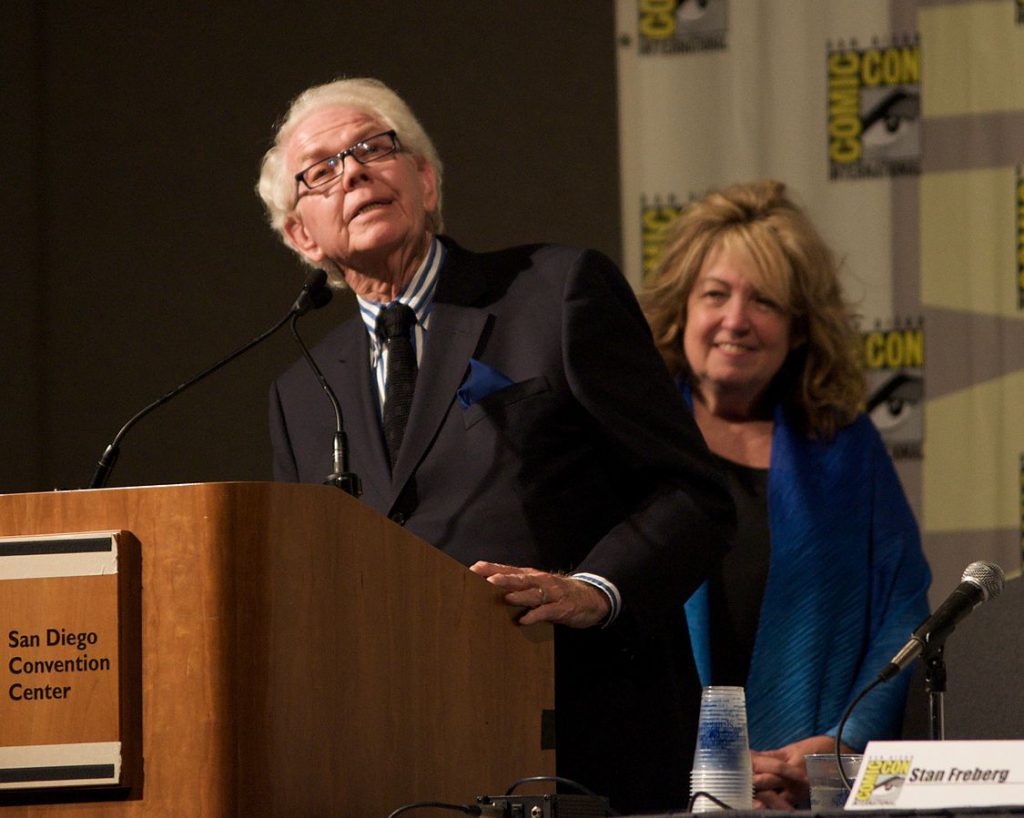 Stan and Hunter Freberg at the San Diego ComicCon 2009. Stan is standing behind a speaker's desk