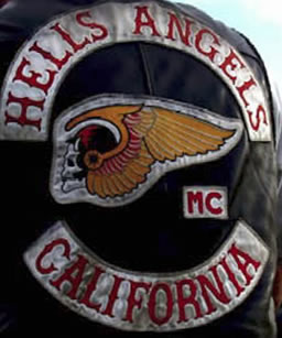 Shows a Hell's Angels motorcycle jacket with logo