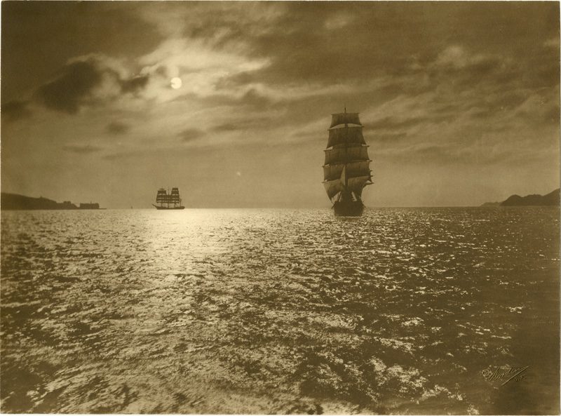 Shows two sailing ships, Golden Gate straits.