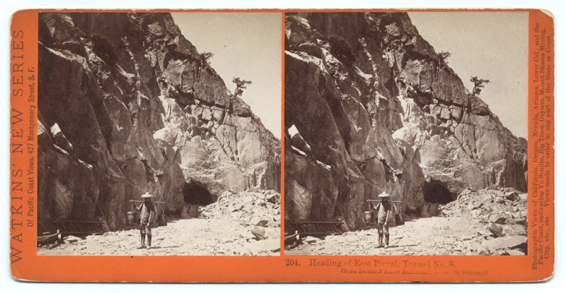 Shows rocky mountain rising on left, tunnel in background, Chinese worker with two barrels suspended from pole across his shoulders in center. Tunnel located near Donner Lake.