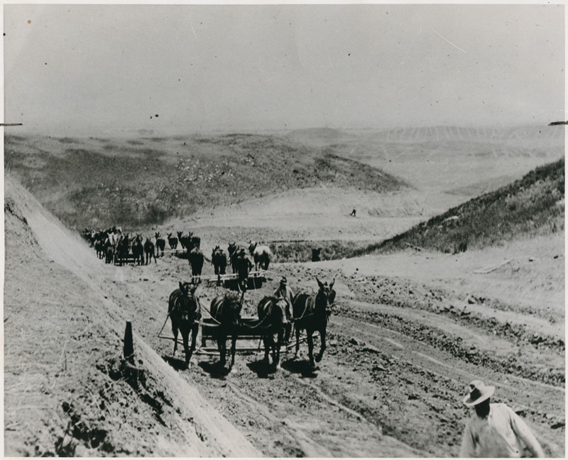 View of "Fresno scraper", a mule-drawn agricultural scraper.