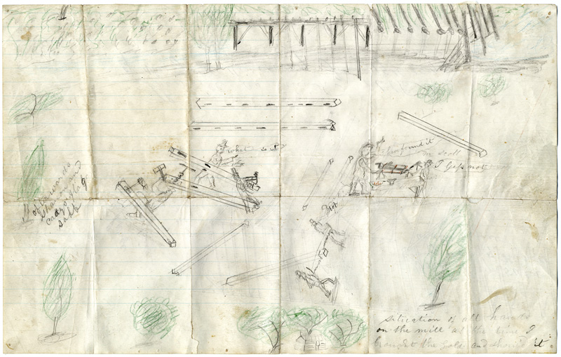 "Situation of all hands on the mill at the time I brought the gold and showed it." Pencil drawing of mill structure and mill hands